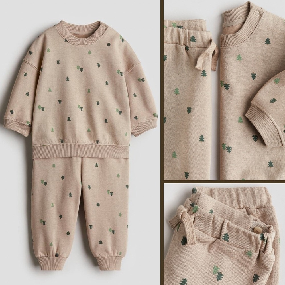 H&M Kids 2-Piece Sweatshirt Set 2T Beige/Tree 100% Cotton Sweatshirt Joggers
